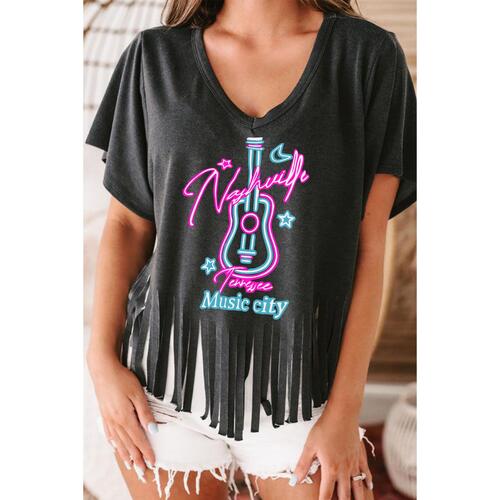 Azura Exchange Guitar Slogan Print Fringed V Neck Graphic Tee - L - Main Image