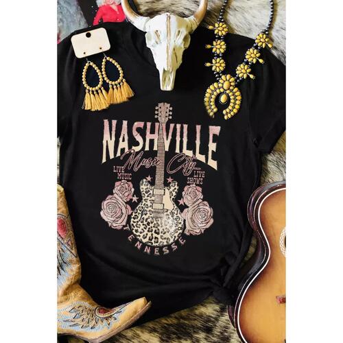 Azura Exchange Leopard Guitar Rose Print T-Shirt - S - Main Image