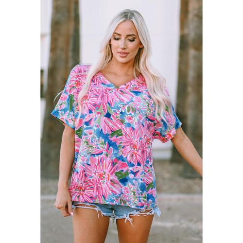 Azura Exchange Loose Fit Floral Print V Neck T Shirt - S - Main Image