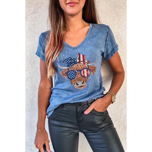 Azura Exchange Graphic Print V Neck T-Shirt with American Flag Cow Head Design - S - Main Image