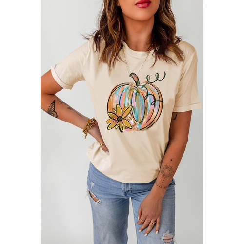 Khaki Pumpkin with Flower Graphic T Shirt - M - Main Image