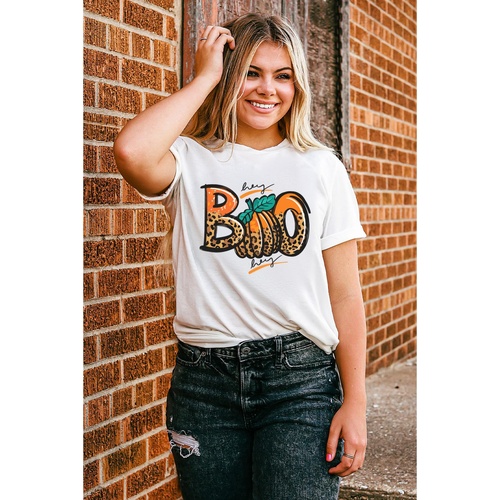White BOO Pumpkin Leopard Print Crew Neck T Shirt - 2XL - Main Image