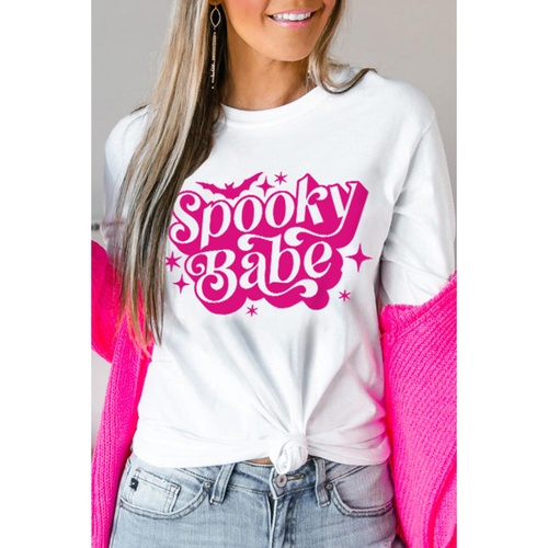 White Spooky Babe Bat Print Halloween Crewneck T Shirt - 2XL - Main Image