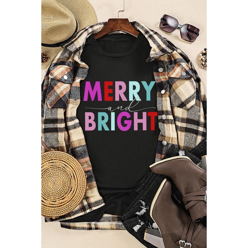 Black MERRY and BRIGHT Crew Neck Graphic Tee - L - Main Image