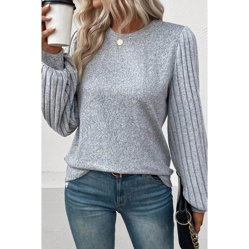 Gray Contrast Ribbed Bishop Sleeve Top - L - Main Image