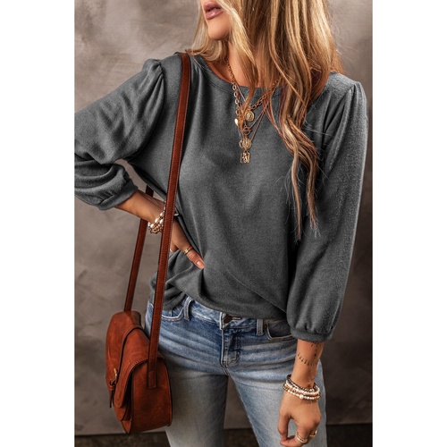 Medium Grey Solid Color 3/4 Sleeve Round Neck Blouse - L - Main Image
