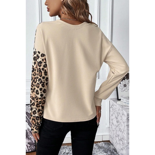 Pale Khaki Leopard Colorblock Waffle Knit Top - M - Main Image