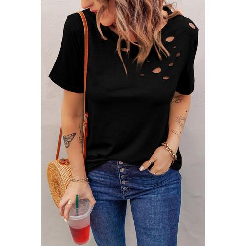 Azura Exchange Mixed Cotton Crew Neck T-Shirt with Holes - M - Main Image
