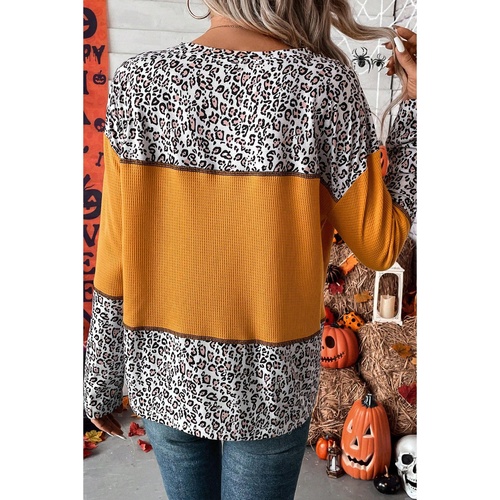 Vitality Orange Leopard Print Waffle Knit Patchwork Top - M - Main Image