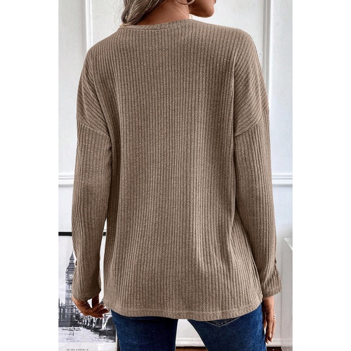 Pale Khaki Rib Textured Henley Knit Top - L - Main Image