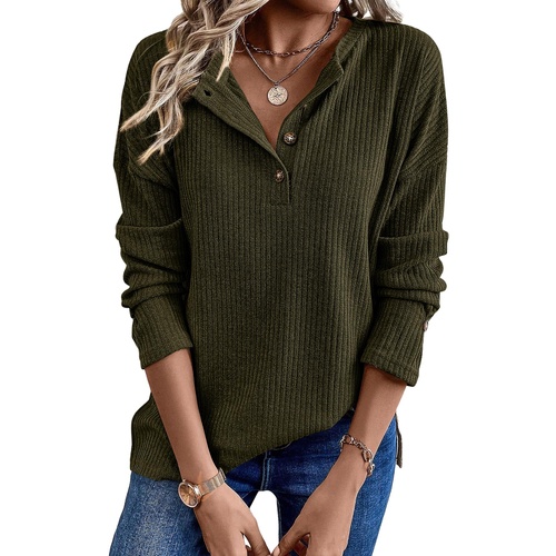 Jungle Green Rib Textured Henley Knit Top - M - Main Image