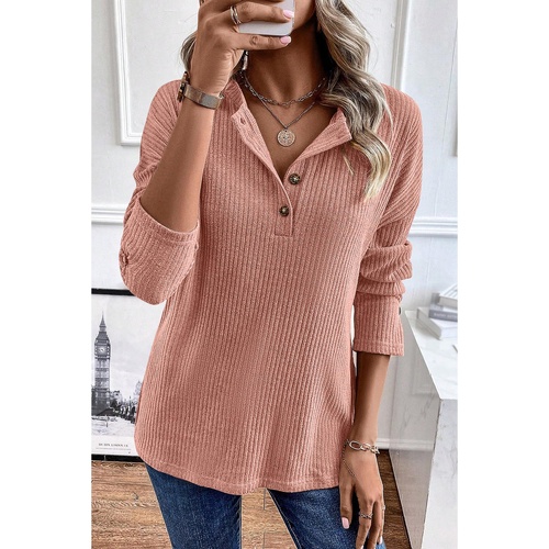 Rose Tan Rib Textured Henley Knit Top - S - Main Image
