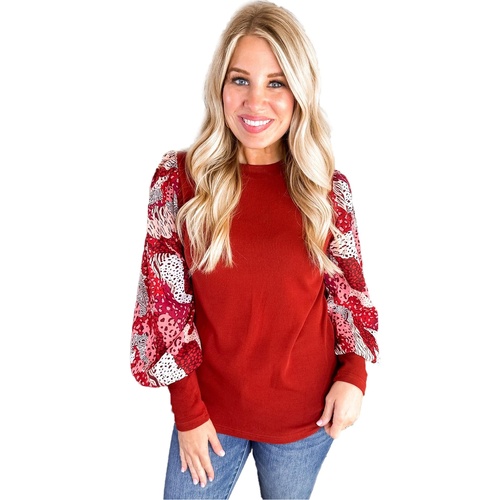 Fiery Red Contrast Mixed Animal Print Lantern Sleeve Patchwork Top - M - Main Image