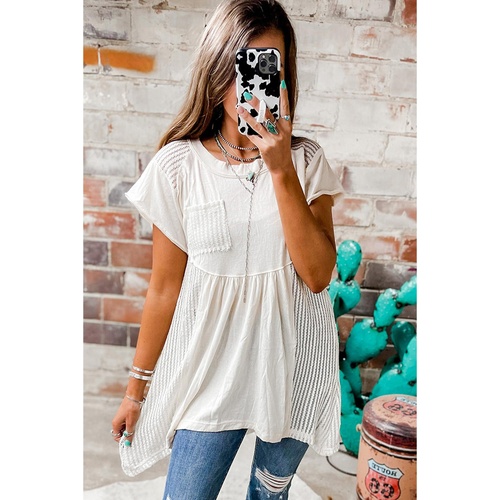 White Hollow Knit Splicing Keyhole Back Tunic Top - M - Main Image
