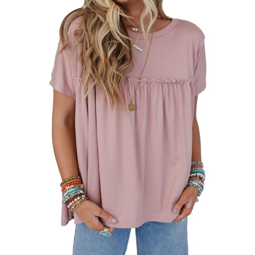 Light Pink Ruffled Trim Loose Babydoll Tee - L - Main Image