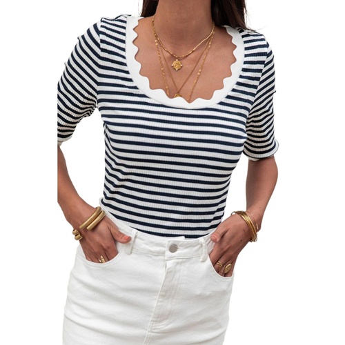 Black Striped Contrast Scallop Trim Half Sleeve T-shirt - XL - Main Image