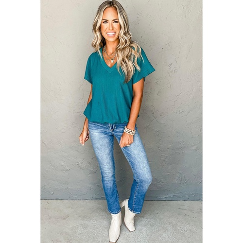 Blue Sapphire Crinkled V Neck Wide Sleeve T-shirt - M - Main Image