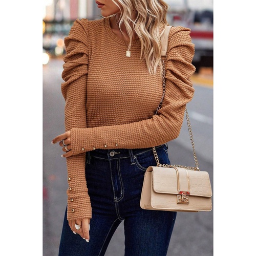 Chestnut Solid Color Textured Buttoned Gigot Sleeve Top - L - Main Image