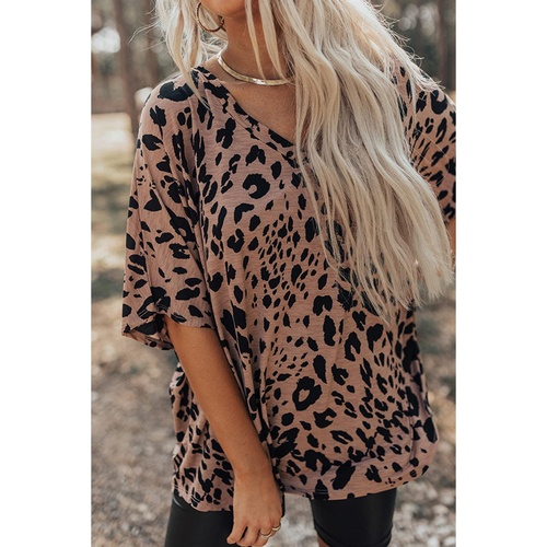 Brown Leopard Print V Neck Half Sleeve Oversized Tee - L - Main Image