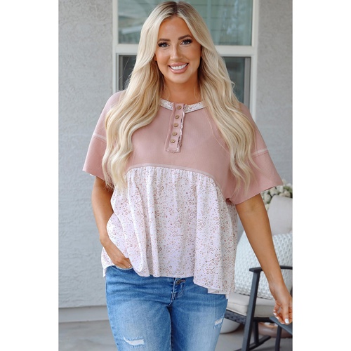 Pink Waffle Floral Patchwork Exposed Seam Detail Short Sleeve Top - L - Main Image