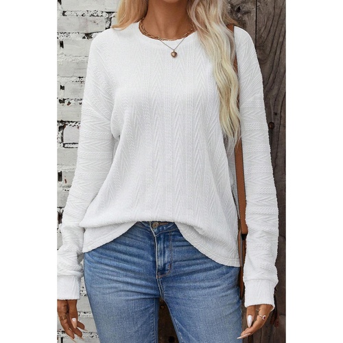White Round Neck Drop Shoulder Textured Knit Top - S - Main Image