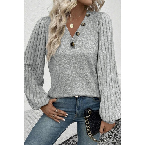 Azura Exchange Light Grey Buttoned V Neck Ribbed Puff Sleeve Top - S - Main Image