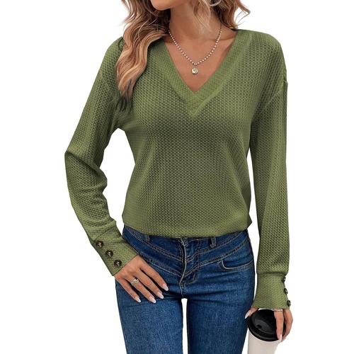 Jungle Green Textured Knit V Neck Button Cuffs Long Sleeve Top - S - Main Image