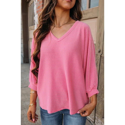 Strawberry Pink Striped Print Bracelet Sleeve V Neck Top - L - Main Image