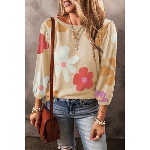 Apricot Cute Flower Print Bracelet Sleeve Top - M - Main Image