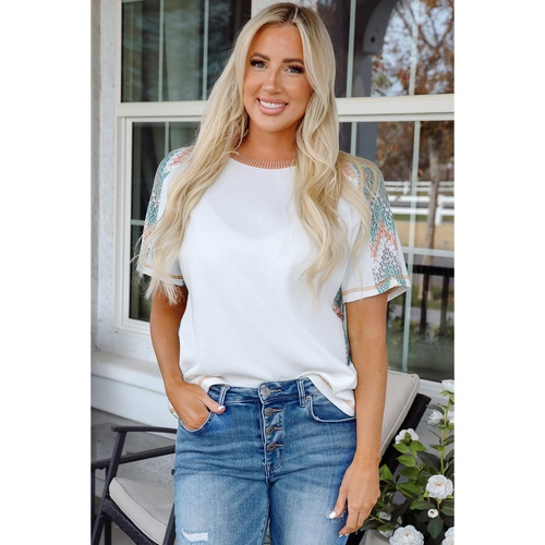White Chevron Patchwork Raglan Sleeve Knitted T Shirt - M - Main Image
