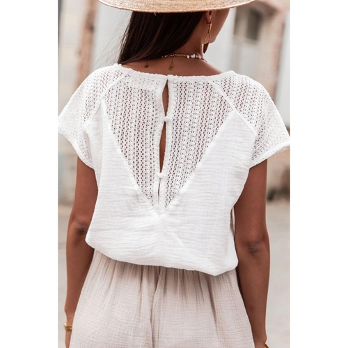 White Lace Crochet Textured Button Back V Neck T Shirt - XL - Main Image