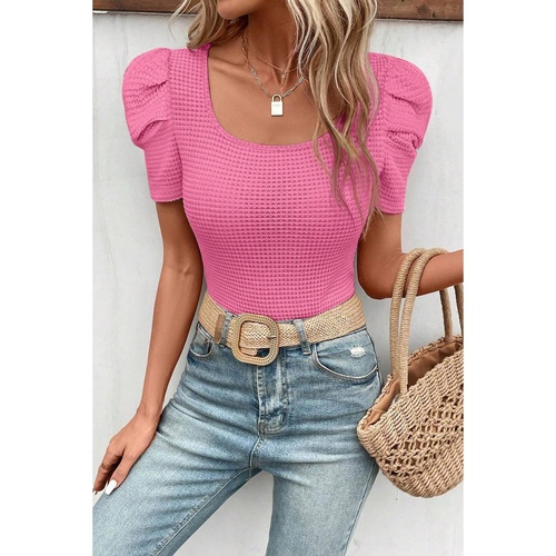 Bright Pink Waffle Knit Ruched Puff Sleeve Top - L - Main Image