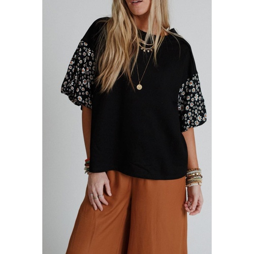 Black Contrast Floral Puff Sleeve Oversized Top - M - Main Image
