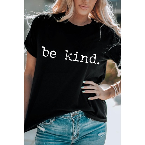 Black be kind Letter Print Round Neck Casual T Shirt - L - Main Image
