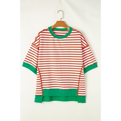 Orange Stripe Oversized Contrast Trim Exposed Seam High Low T Shirt - L - Main Image