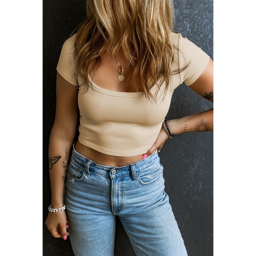 Beige Ribbed Knit U Neck Crop Top - XL - Main Image