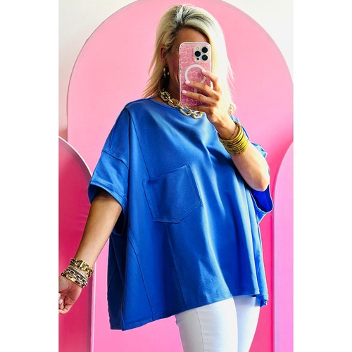 Blue Patched Pocket Exposed Seam Oversize T-shirt - L - Main Image
