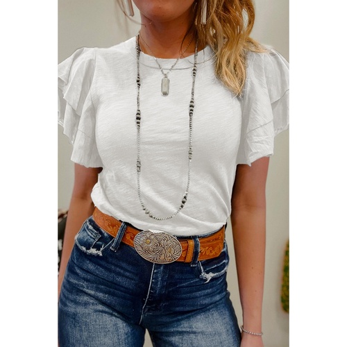 White Layered Ruffle Short Sleeve Round Neck Top - S - Main Image