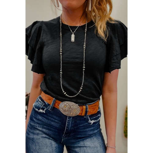 Black Layered Ruffle Short Sleeve Round Neck Top - S - Main Image