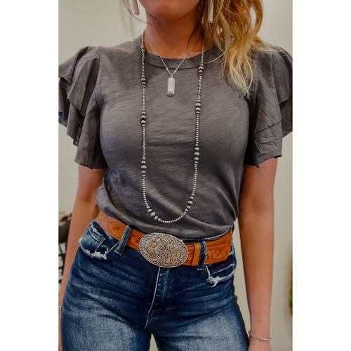 Dark Grey Layered Ruffle Short Sleeve Round Neck Top - L - Main Image