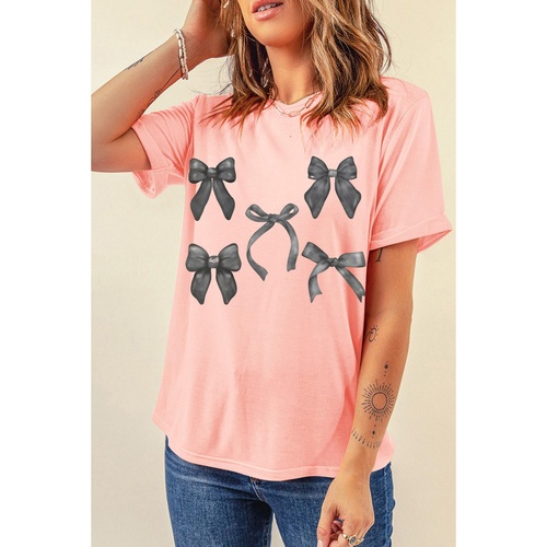 Pink Bow Knots Print Slim Fit Crew Neck T Shirt - XL - Main Image