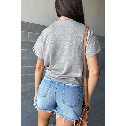 Light Grey USA Lettering Patch Notched Neck Loose Tee - L - Main Image