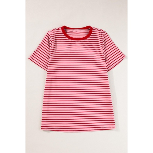 Pink Stripe Crew Neck Casual T Shirt - L - Main Image