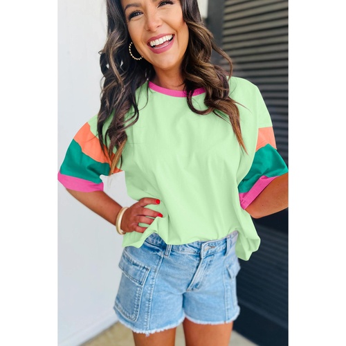 Green Color Block Stitching Sleeve Round Neck Oversize Top - L - Main Image
