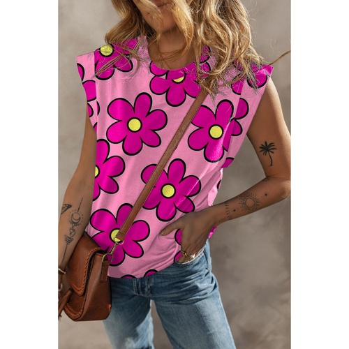 Pink Flower Print Round Neck Cap Sleeve T Shirt - L - Main Image