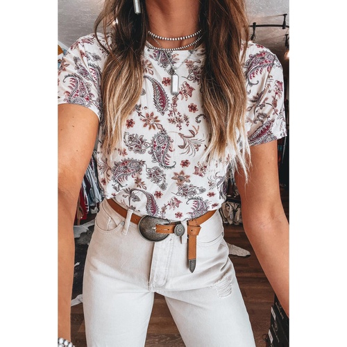 White Vintage Paisley Mock Neck T Shirt - L - Main Image