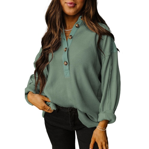 Smoke Green Waffle Long Sleeve Collar Half Button Loose Top - L - Main Image
