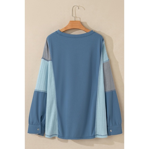 Dusk Blue Colorblock Stitching Patchwork Buttoned Long Sleeve Top - L - Main Image