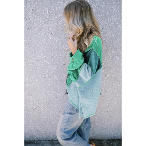 Green Colorblock Stitching Patchwork Buttoned Long Sleeve Top - L - Main Image