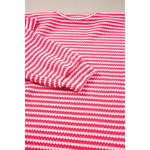 Rose Stripe Round Neck Drop Shoulder Long Sleeve Top - S - Main Image